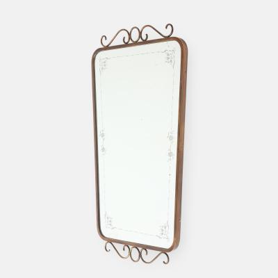 Mid Century Italian Etched Glass and Brass Wall Mirror with Scrolls