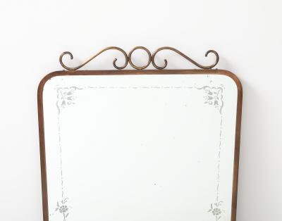 Mid Century Italian Etched Glass and Brass Wall Mirror with Scrolls