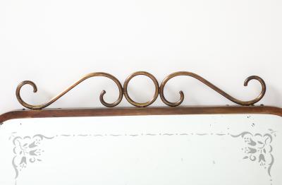 Mid Century Italian Etched Glass and Brass Wall Mirror with Scrolls