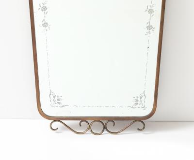 Mid Century Italian Etched Glass and Brass Wall Mirror with Scrolls