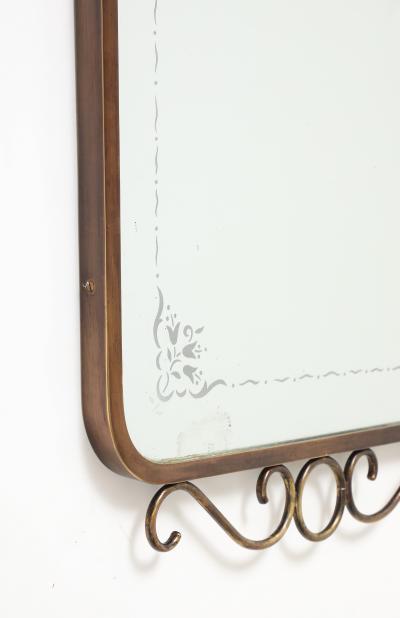 Mid Century Italian Etched Glass and Brass Wall Mirror with Scrolls