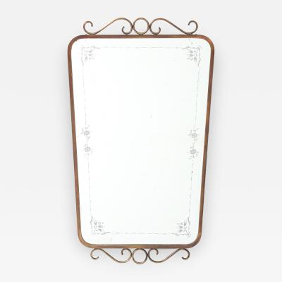 Mid Century Italian Etched Glass and Brass Wall Mirror with Scrolls
