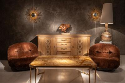 Mid Century Italian Gilt Brass Coffee Table With Onyx Marble Top
