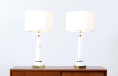 Mid Century Italian Marble Brass Pyramid Style Table Lamps