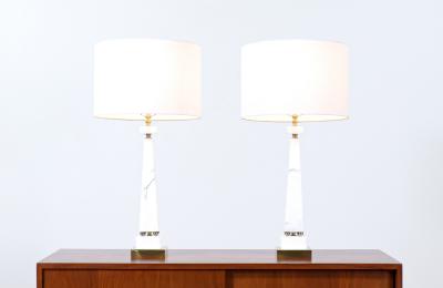 Mid Century Italian Marble Brass Pyramid Style Table Lamps