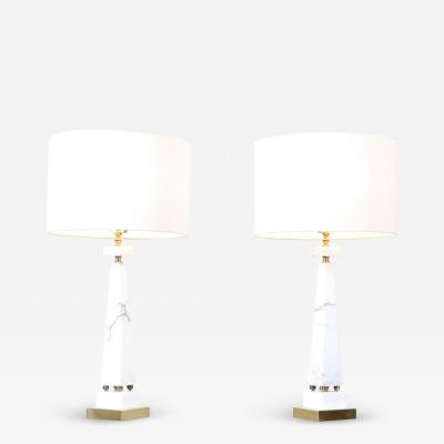 Mid Century Italian Marble Brass Pyramid Style Table Lamps
