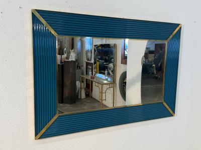 Mid Century Italian Mirror with Teal Ribbed Frame and Brass Accents 1970s