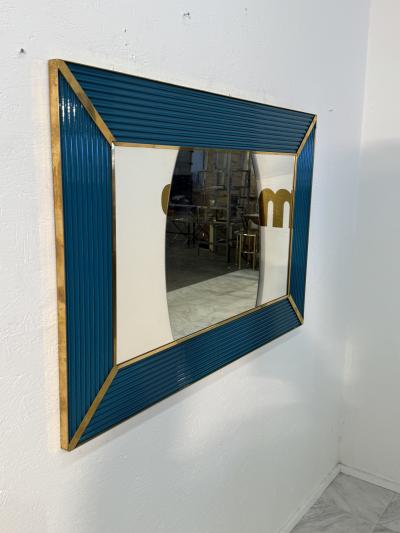 Mid Century Italian Mirror with Teal Ribbed Frame and Brass Accents 1970s