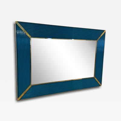 Mid Century Italian Mirror with Teal Ribbed Frame and Brass Accents 1970s