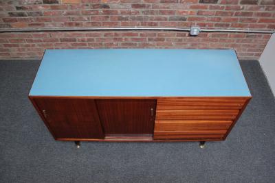 Mid Century Italian Modern Mahogany Credenza with Blue Laminate Surface