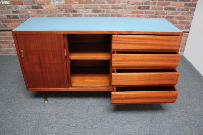 Mid Century Italian Modern Mahogany Credenza with Blue Laminate Surface