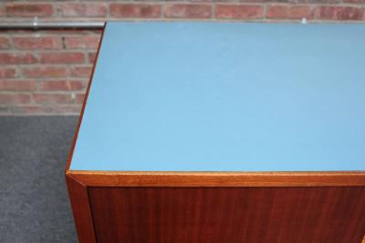 Mid Century Italian Modern Mahogany Credenza with Blue Laminate Surface