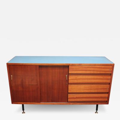 Mid Century Italian Modern Mahogany Credenza with Blue Laminate Surface