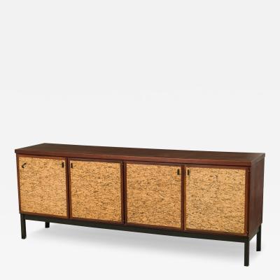 Mid Century Italian Modern Mahogany and Cork 4 Door Credenza Buffet