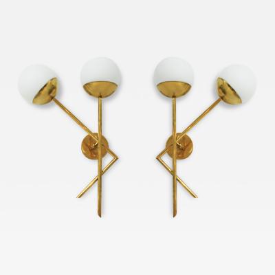Mid Century Italian Modern Style Brass and Glass Sconces Set of 2
