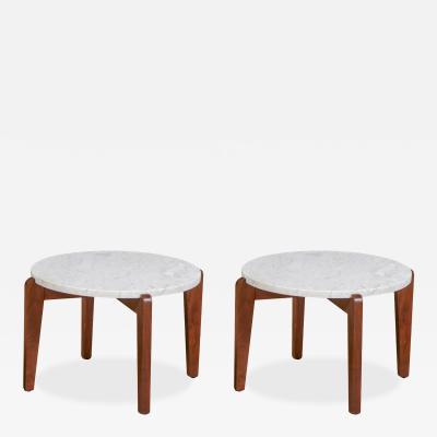 Mid Century Italian Modern Travertine Sculpted Walnut Side Tables