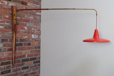 Mid Century Italian Modernist Wall Swag Lamp in Brass and Red Lacquered Metal