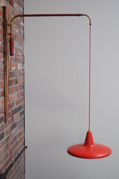 Mid Century Italian Modernist Wall Swag Lamp in Brass and Red Lacquered Metal