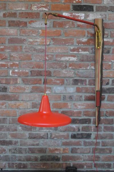 Mid Century Italian Modernist Wall Swag Lamp in Brass and Red Lacquered Metal