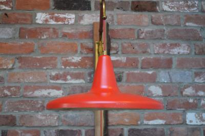 Mid Century Italian Modernist Wall Swag Lamp in Brass and Red Lacquered Metal