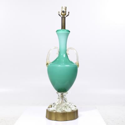 Mid Century Italian Murano Teal Cased Glass Double Handled Urn Form Lamps Pair