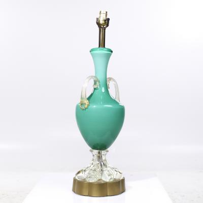 Mid Century Italian Murano Teal Cased Glass Double Handled Urn Form Lamps Pair