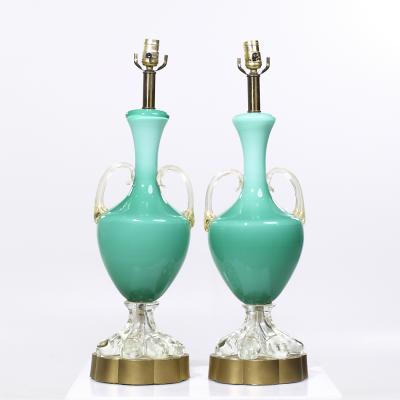 Mid Century Italian Murano Teal Cased Glass Double Handled Urn Form Lamps Pair