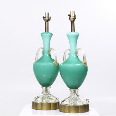 Mid Century Italian Murano Teal Cased Glass Double Handled Urn Form Lamps Pair