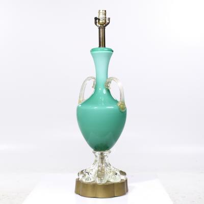 Mid Century Italian Murano Teal Cased Glass Double Handled Urn Form Lamps Pair