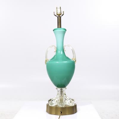 Mid Century Italian Murano Teal Cased Glass Double Handled Urn Form Lamps Pair