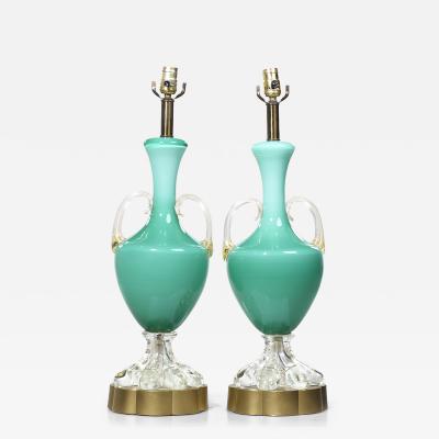 Mid Century Italian Murano Teal Cased Glass Double Handled Urn Form Lamps Pair