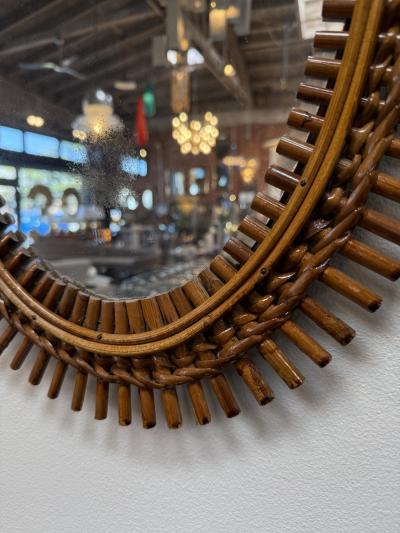 Mid Century Italian Oval Rattan and Wicker Sunburst Mirror 1960s