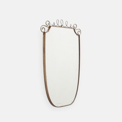 Mid Century Italian Shield Shaped Brass Wall Mirror with Scroll Crest