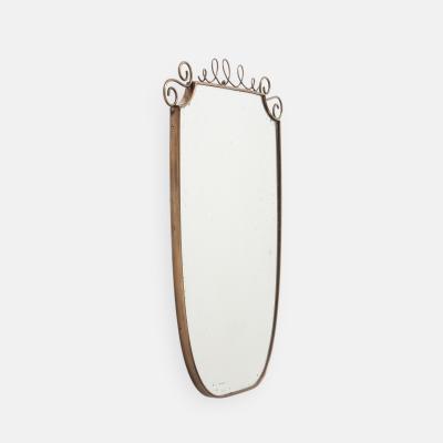 Mid Century Italian Shield Shaped Brass Wall Mirror with Scroll Crest
