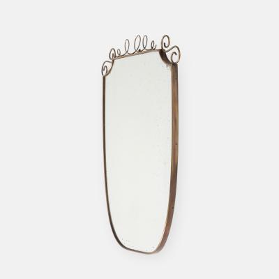Mid Century Italian Shield Shaped Brass Wall Mirror with Scroll Crest
