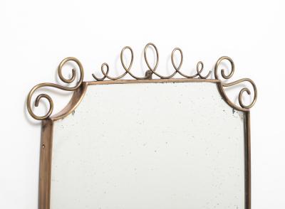 Mid Century Italian Shield Shaped Brass Wall Mirror with Scroll Crest