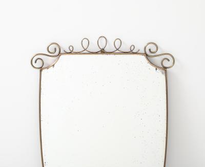 Mid Century Italian Shield Shaped Brass Wall Mirror with Scroll Crest