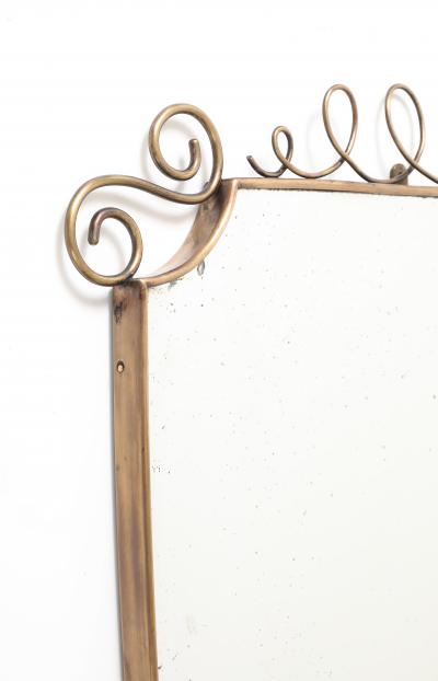 Mid Century Italian Shield Shaped Brass Wall Mirror with Scroll Crest