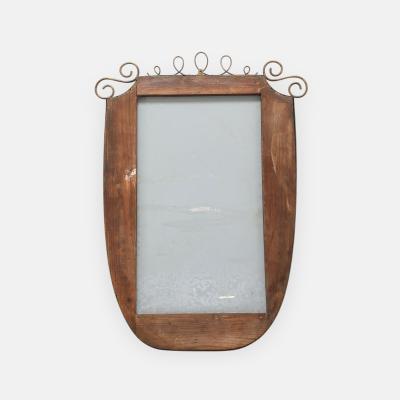 Mid Century Italian Shield Shaped Brass Wall Mirror with Scroll Crest