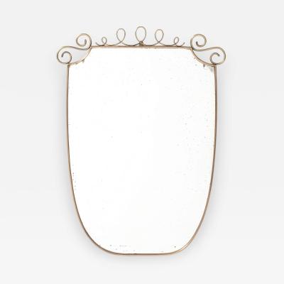 Mid Century Italian Shield Shaped Brass Wall Mirror with Scroll Crest
