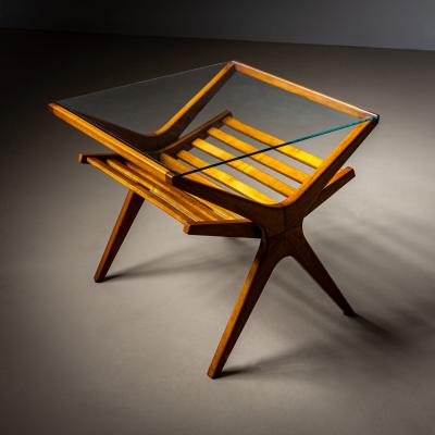 Mid Century Italian Side Table with Glass Top and Magazine Rack 1950s