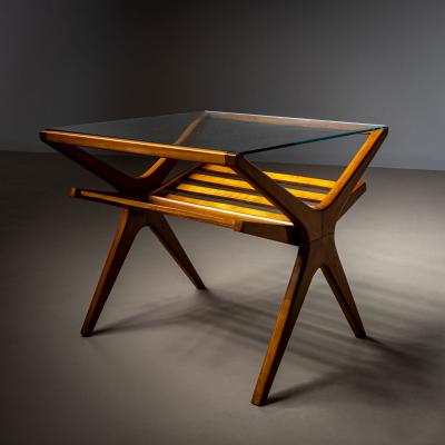 Mid Century Italian Side Table with Glass Top and Magazine Rack 1950s