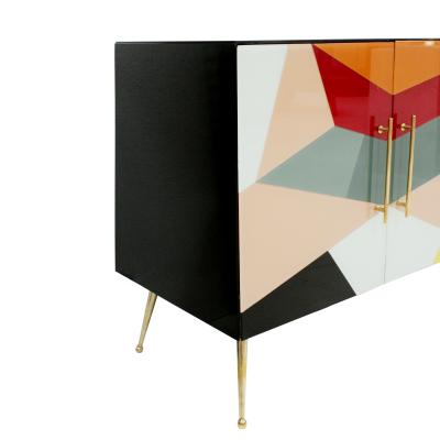 Mid Century Italian Sideboard Colorful Glass and Brass Geometric Design 