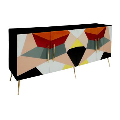 Mid Century Italian Sideboard Colorful Glass and Brass Geometric Design 