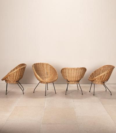 Mid Century Italian Wicker Salon Set Four Lounge Chairs and Circular Table