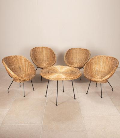 Mid Century Italian Wicker Salon Set Four Lounge Chairs and Circular Table