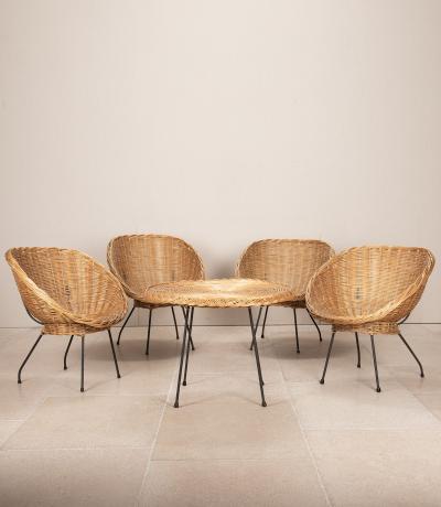 Mid Century Italian Wicker Salon Set Four Lounge Chairs and Circular Table