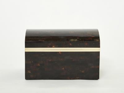 Mid Century Italian horn marquetry brass trunk box 1960