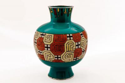 Mid Century Japanese Cloisonn Enamel Vase Attributed to Sato with Geometric