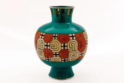 Mid Century Japanese Cloisonn Enamel Vase Attributed to Sato with Geometric